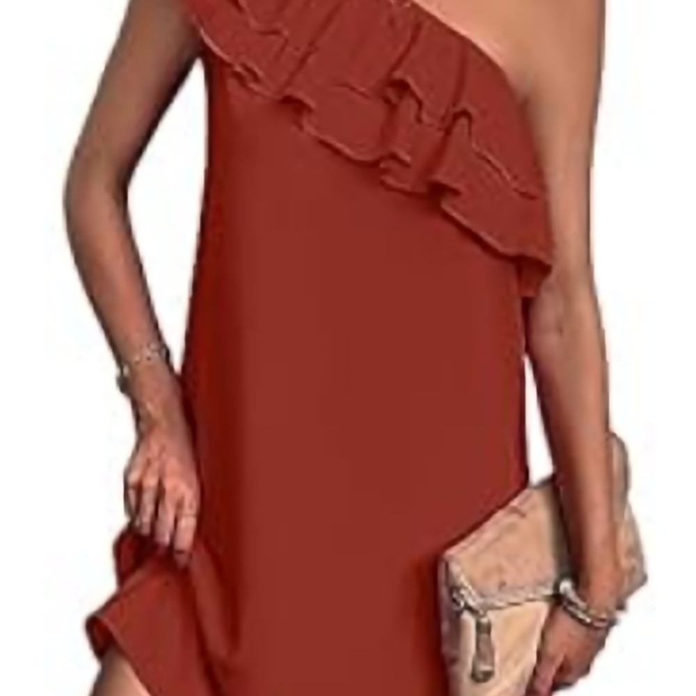 Elegant One-Shoulder Rust Orange Dress Size Large NWOT